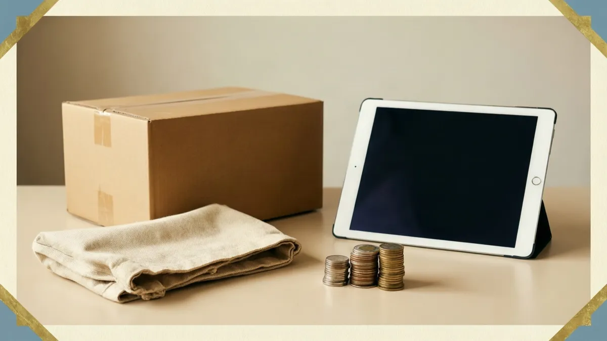 A cardboard box, folded cloth, stacked coins, and a tablet on a beige surface, framed by a decorative border.