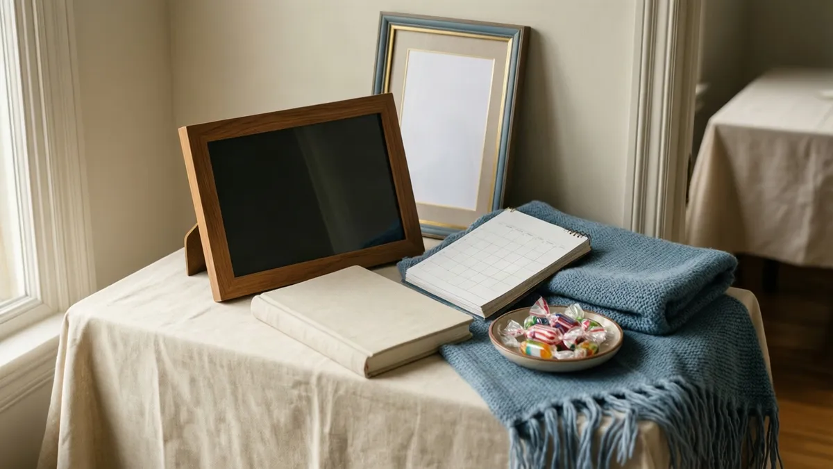 A wooden frame, cream book, grid notebook, blue knit throw, and bowl of wrapped candies rest on a cream tablecloth near a window.
