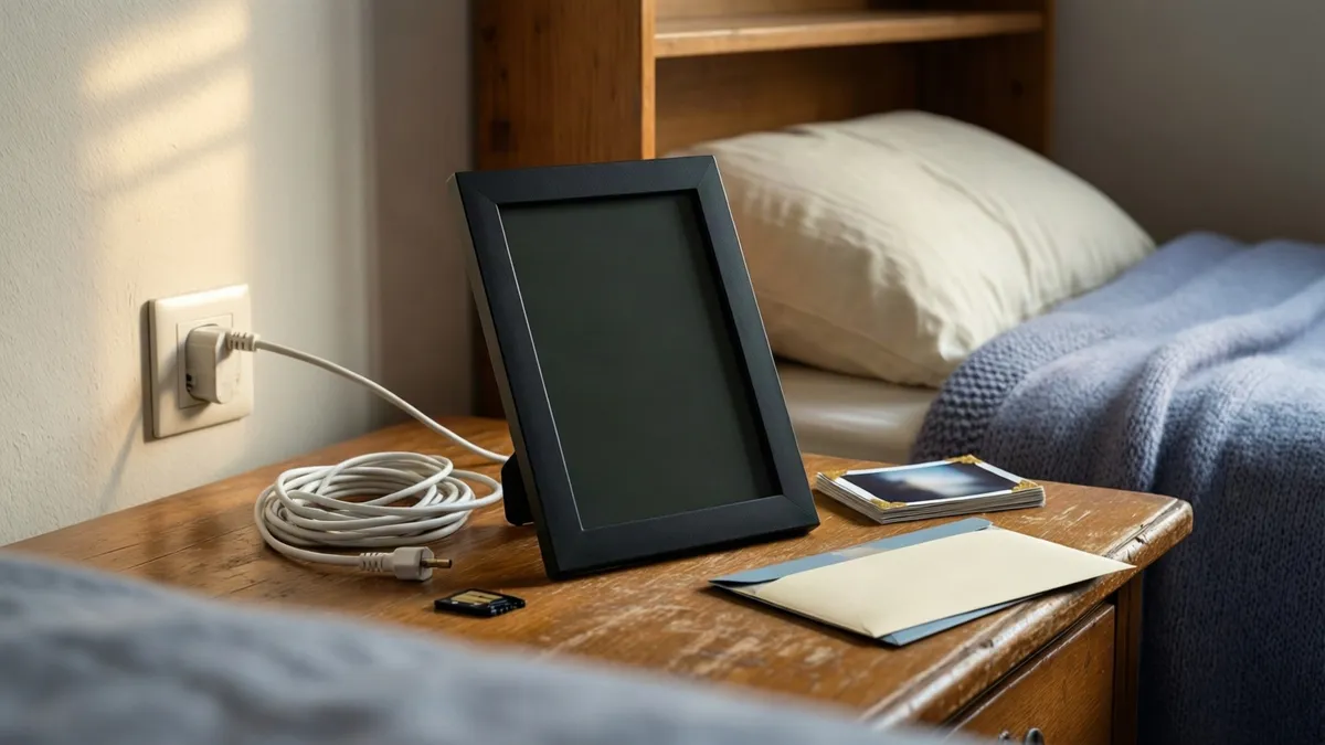 A black digital photo frame sits on a wooden nightstand next to a coiled white power cord, a memory card, and a stack of printed photographs.