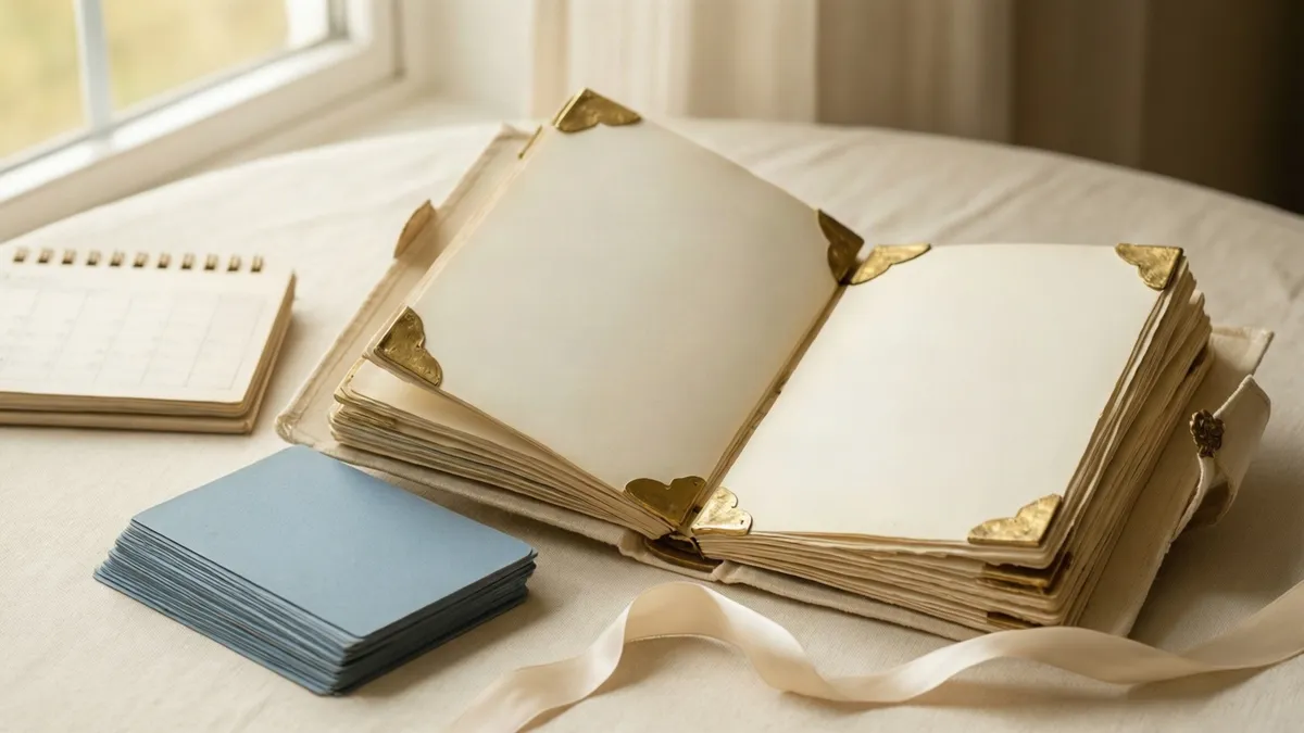 An open cloth-bound photo album with blank cream pages and gold photo corners on a pale cloth, beside a stack of dusty blue paper mounts, a small calendar and a length of ribbon