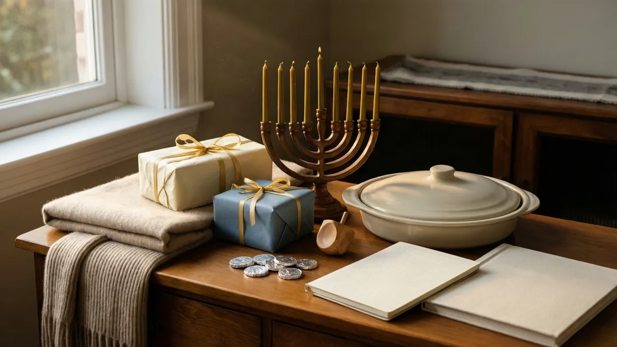 A wooden menorah stands beside wrapped gifts, silver coins, a ceramic dish, and books on a table near a window.